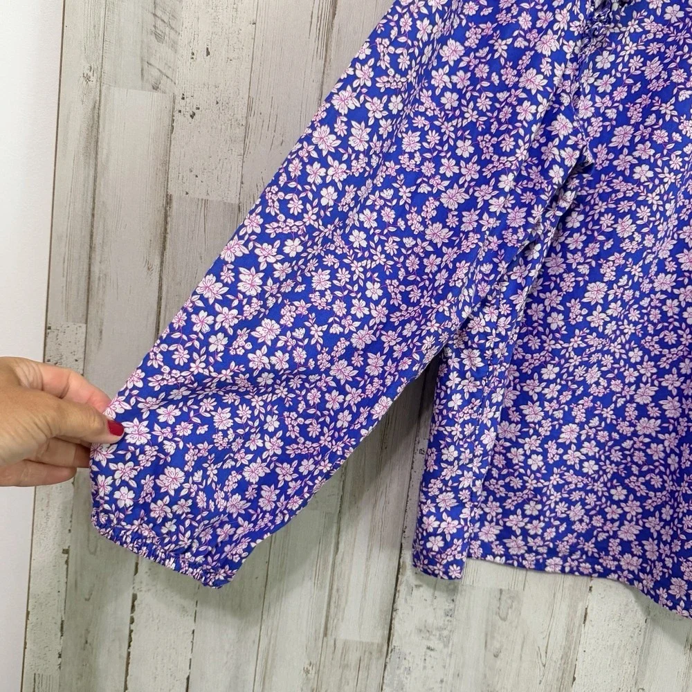 J Crew Floral Ruffle Shoulder Popover Blouse XL Blue Pink Floral Boho Summer
